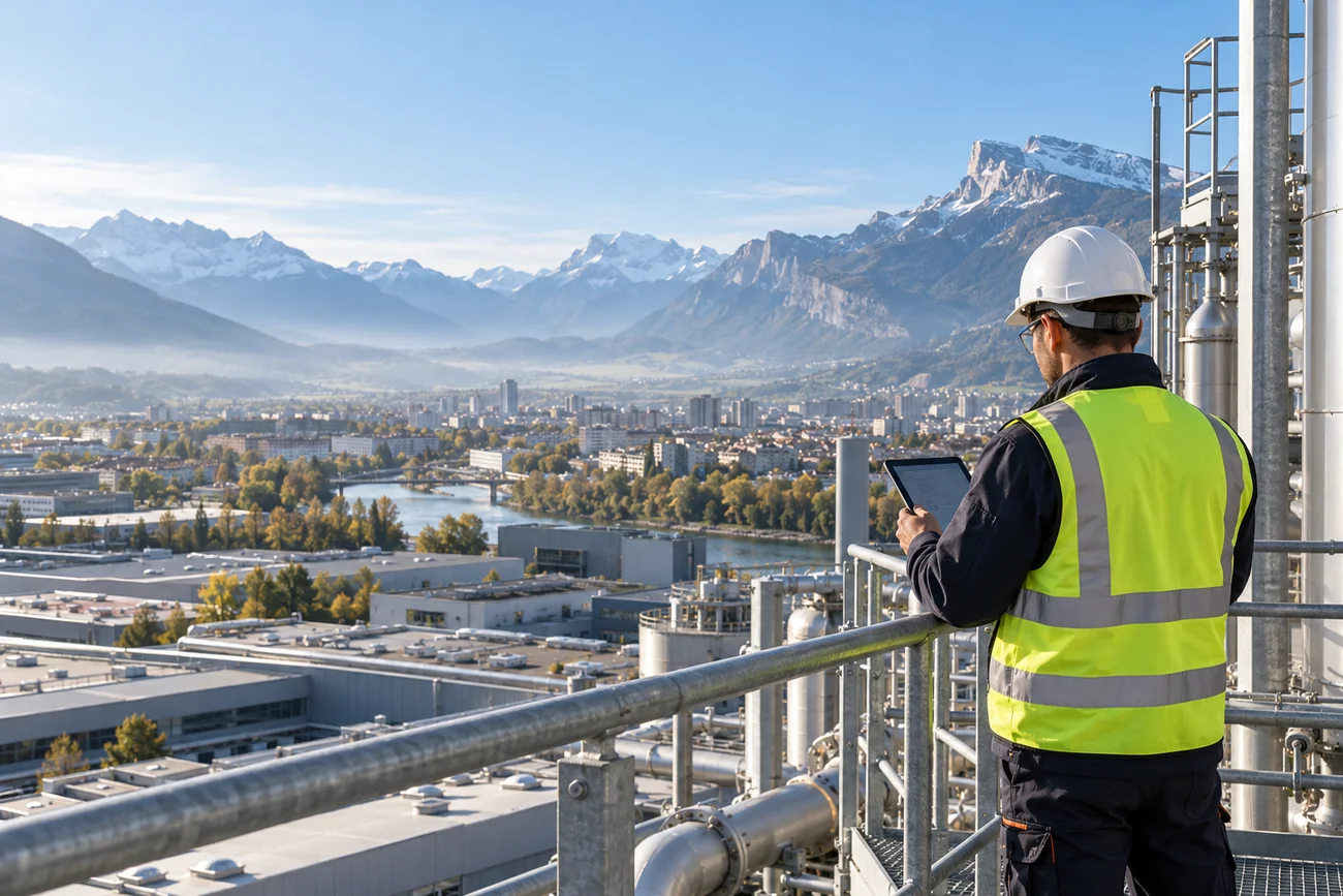 Illustration d’un site industriel et des reliefs autour de Grenoble.
